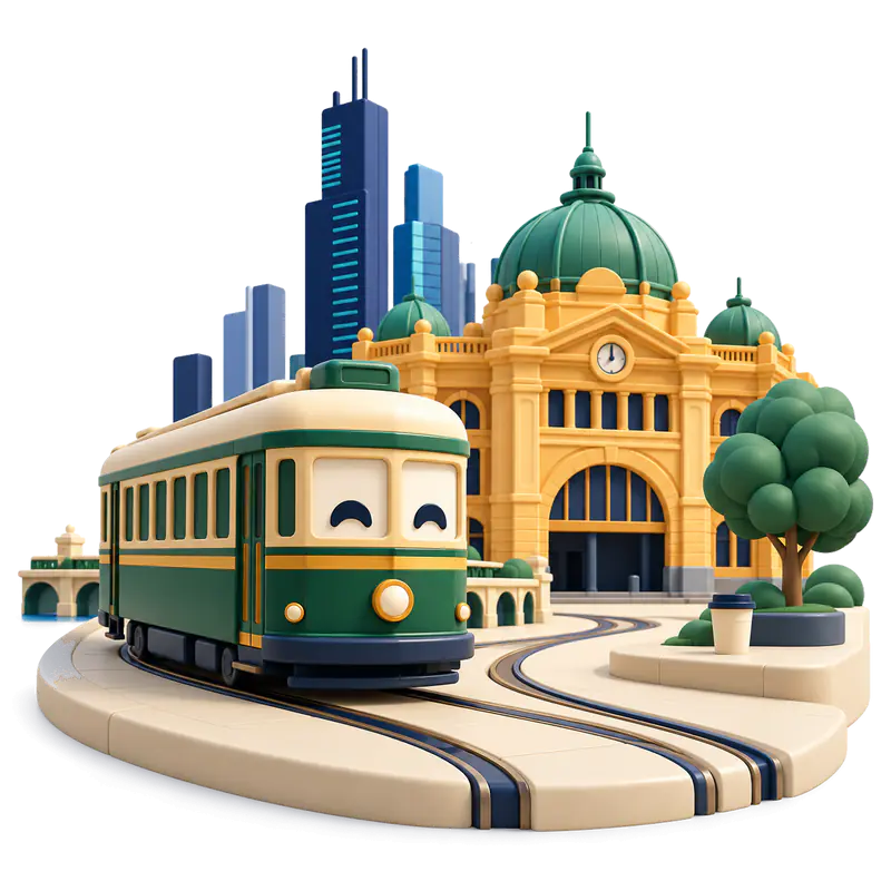Clay-style miniature of Melbourne: a smiling green-and-gold tram in front of a domed yellow railway station, with city towers behind.